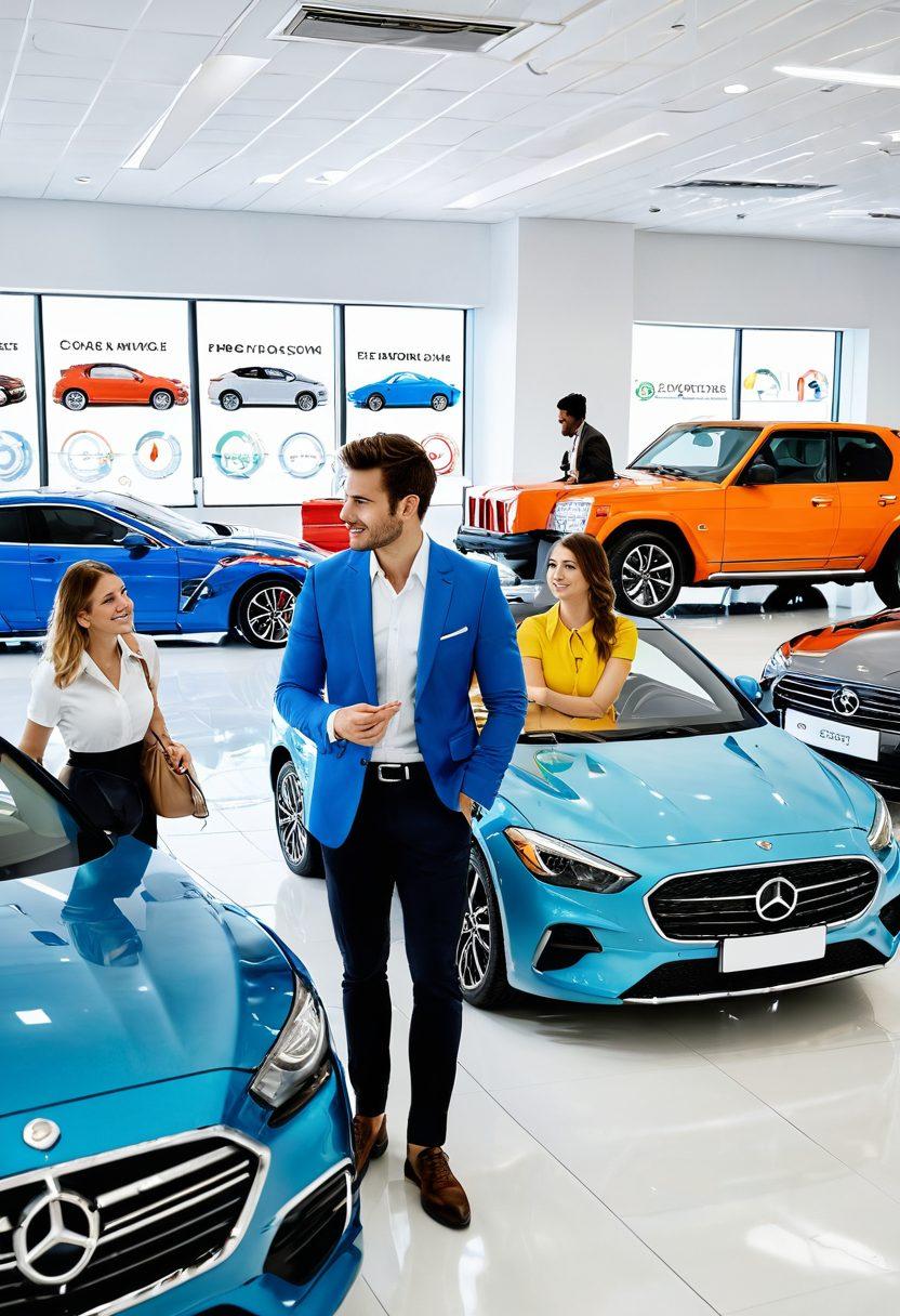 A stylish car showroom filled with various modern vehicles, showcasing a confident young couple discussing options with a knowledgeable salesperson. They are surrounded by informational charts and graphs illustrating market trends, pricing strategies, and smart buying tips. Bright, engaging colors create an inviting atmosphere, highlighting the excitement of car buying. super-realistic. vibrant colors. white background.