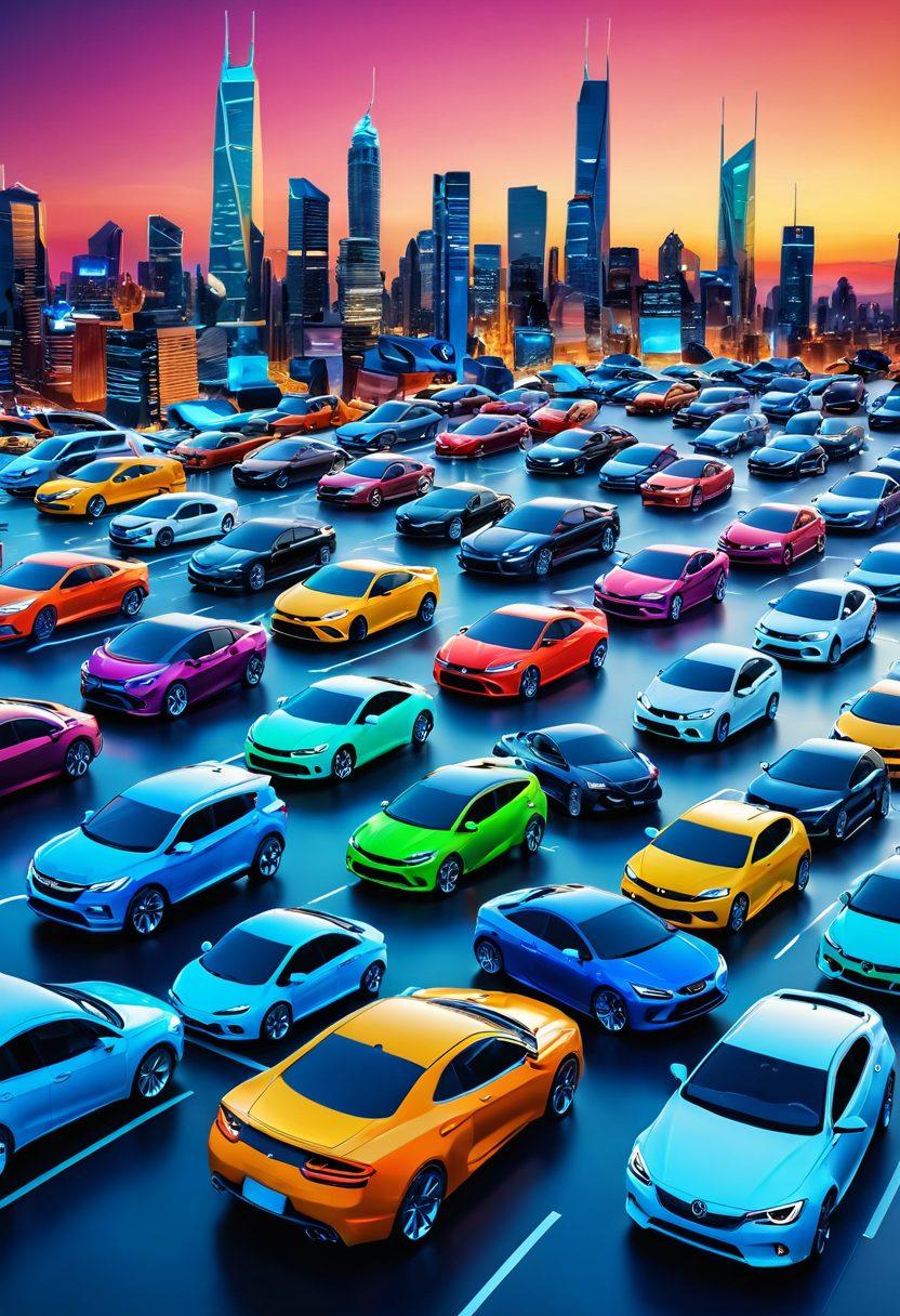A modern digital marketplace with a wide array of cars displayed, some with price tags, comparison charts, and user reviews floating in the air. Include a diverse group of enthusiastic car buyers exploring the options on tablets and smartphones. The background features a futuristic city skyline to signify innovation. Bright colors and a sleek, user-friendly interface design. super-realistic. vibrant colors. 3D.