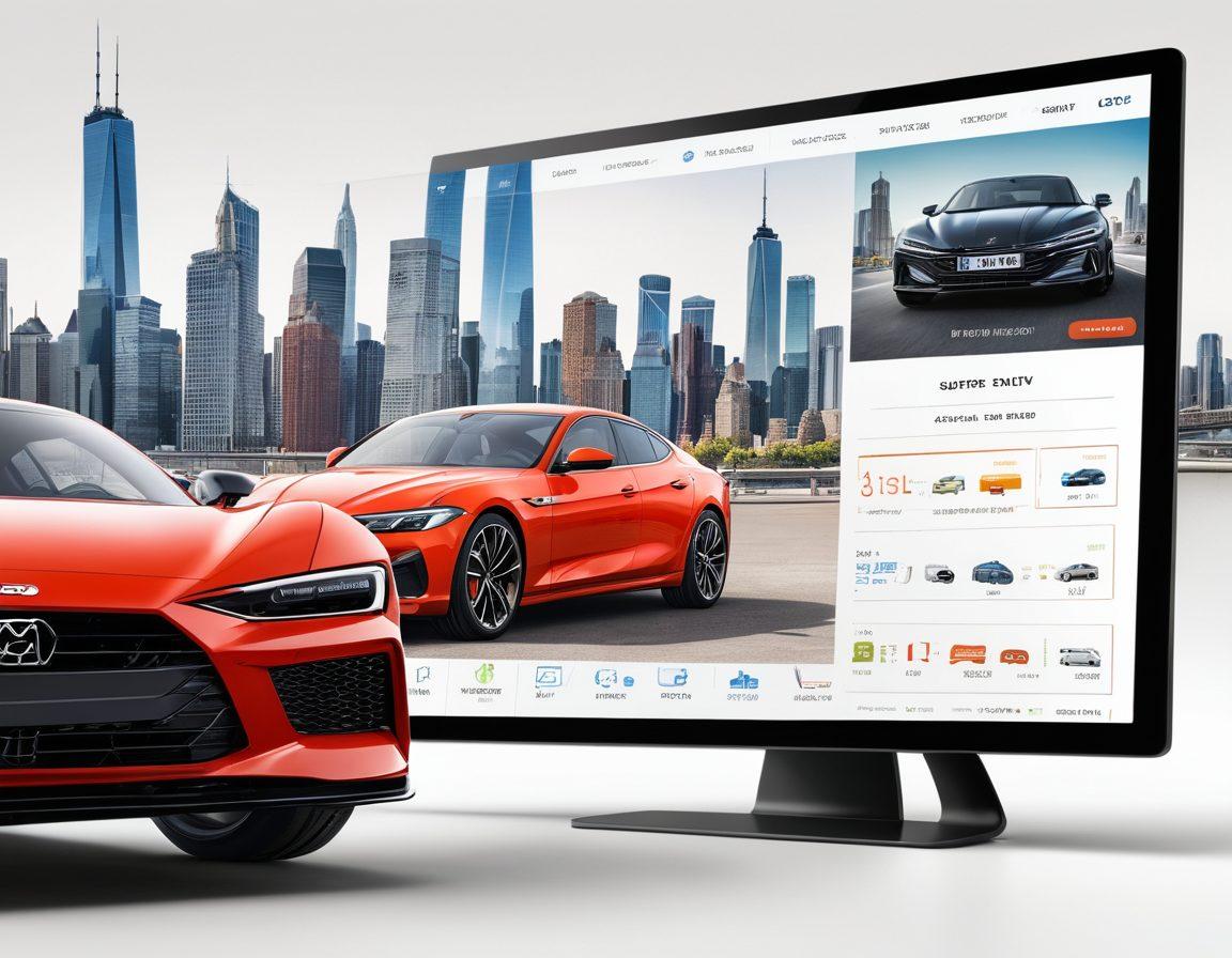 A visually engaging scene showcasing diverse car listings on a digital screen, highlighted by magnifying glasses and comparison charts, emphasizing clarity and insight. Include an overlay of tips in an elegant font. The background features a dynamic city skyline, symbolizing the car marketplace. Bright and inviting colors with a modern tech vibe. super-realistic. vibrant colors. white background.